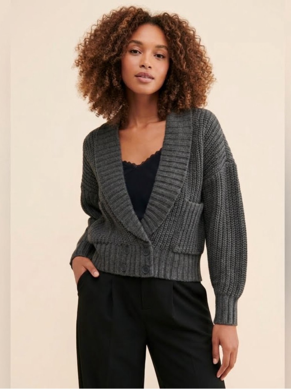 Anthropologie Deep V Chunky Knit Cardigan M Gray Oversized Wool Blend Cozy